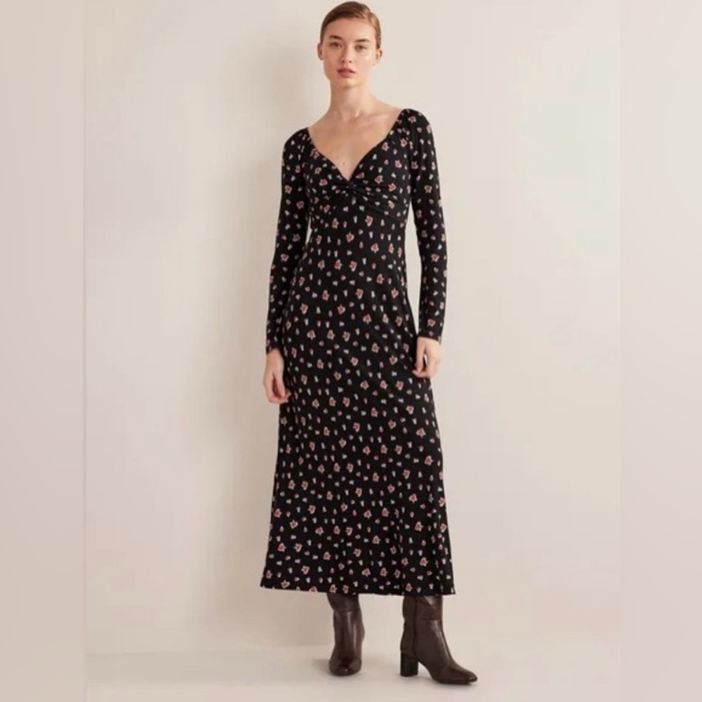 Boden sweetheart jersey midi dress black rose pop size 14R D0453 BLA NWT